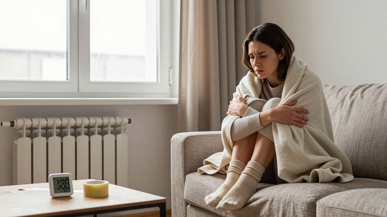 Mulher sentada no sofá enrolada numa manta, com expressão de desconforto e temperatura digital na mesa.