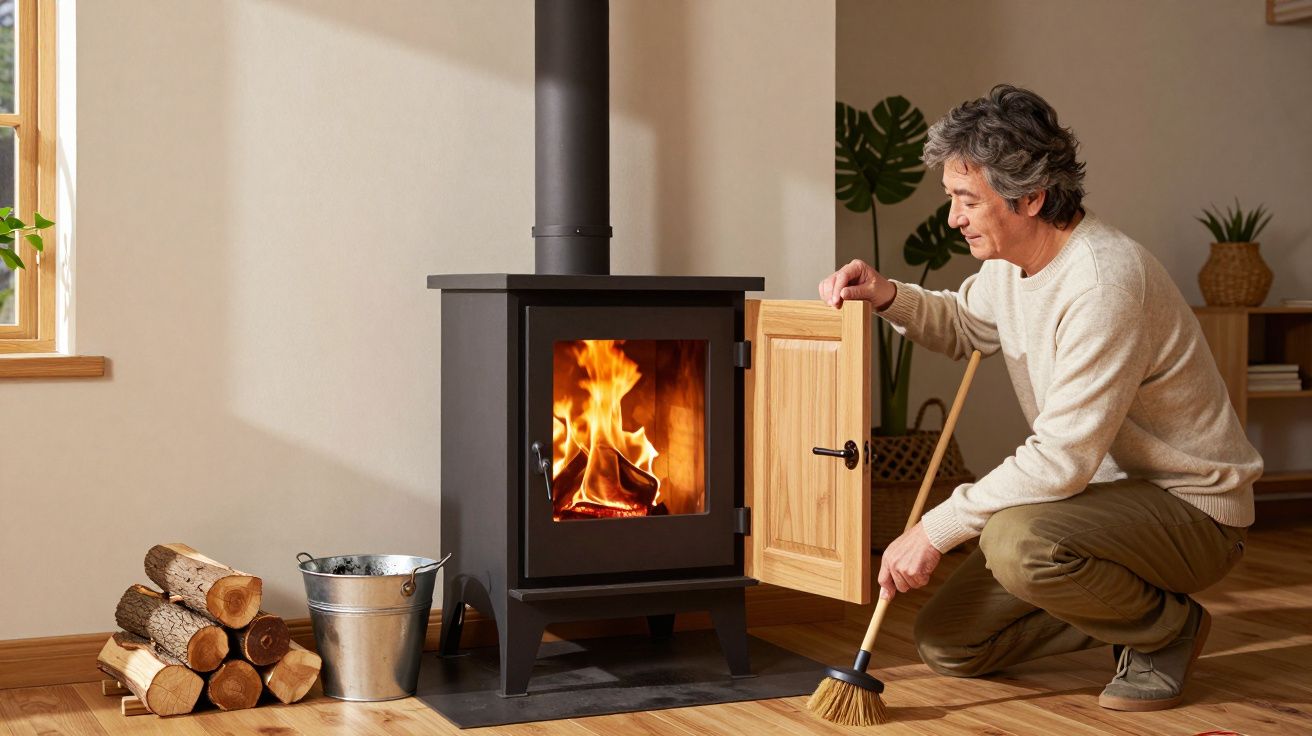 Homem a limpar chão junto a salamandra acesa numa sala acolhedora com lenha empilhada e balde metálico.