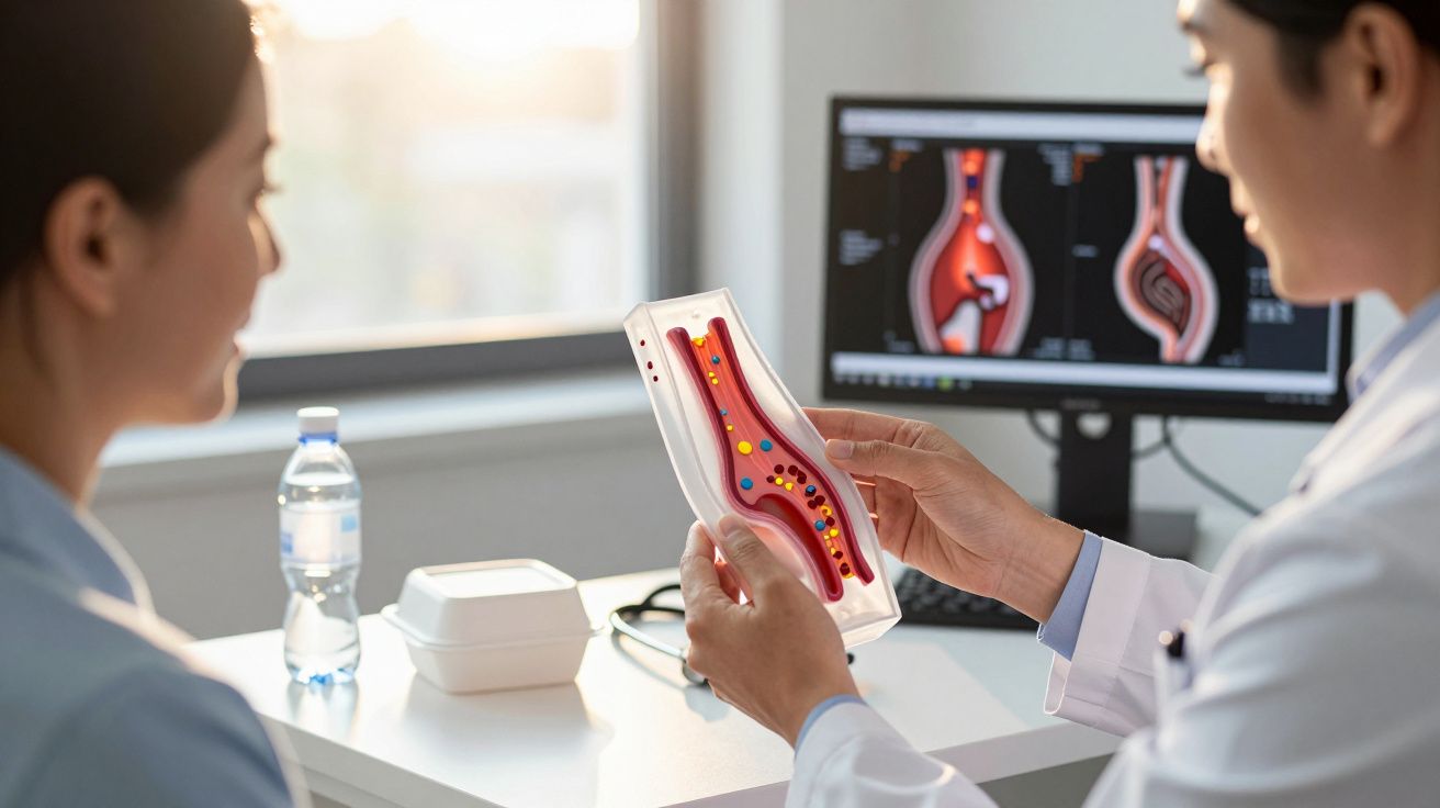 Médico mostra modelo de artéria com placa de gordura a paciente numa consulta numa clínica.