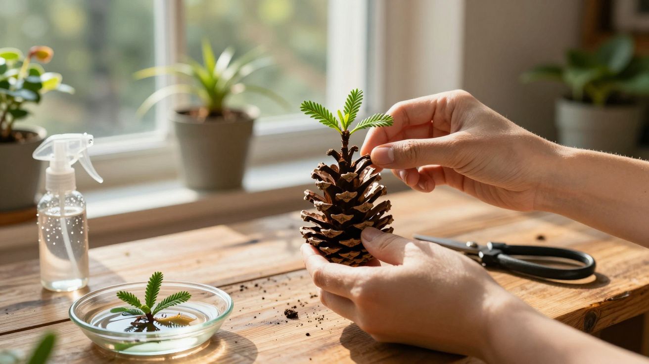 Mãos a plantar pequenos raminhos numa pinha sobre uma mesa de madeira junto a janela com luz natural.