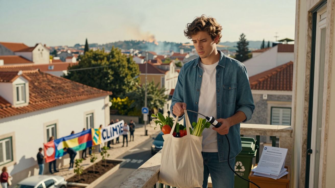 Jovem segura saco com legumes enquanto recarrega carro elétrico, com protesto ambiental ao fundo numa rua urbana.