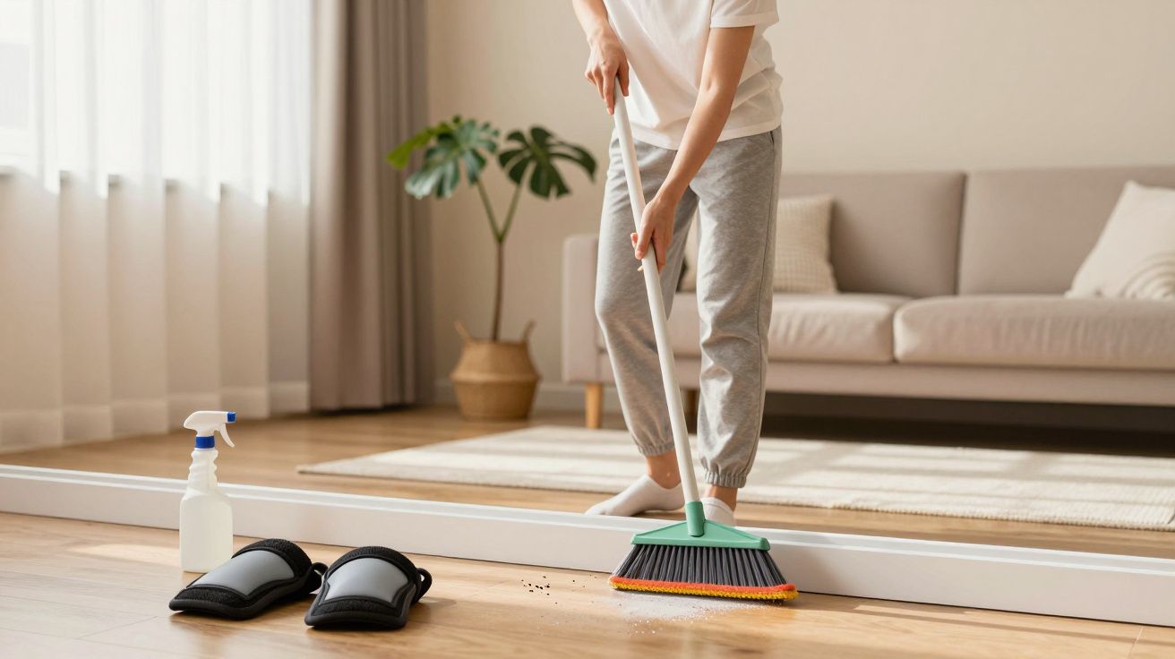 Pessoa a varrer chão de madeira numa sala com tapete, sofá e plantas em vaso.