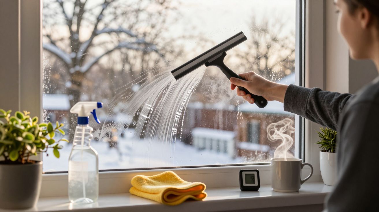 Pessoa limpa uma janela com rodo, com plantas, toalha, pulverizador e chá quente no peitoril da janela.