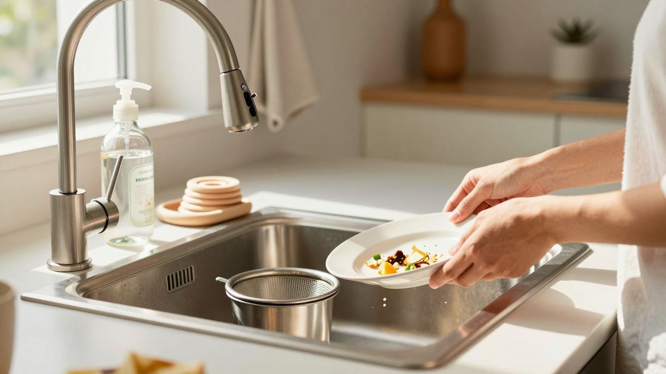 Pessoa a lavar um prato branco numa pia de cozinha moderna com dispensador de sabão líquido.