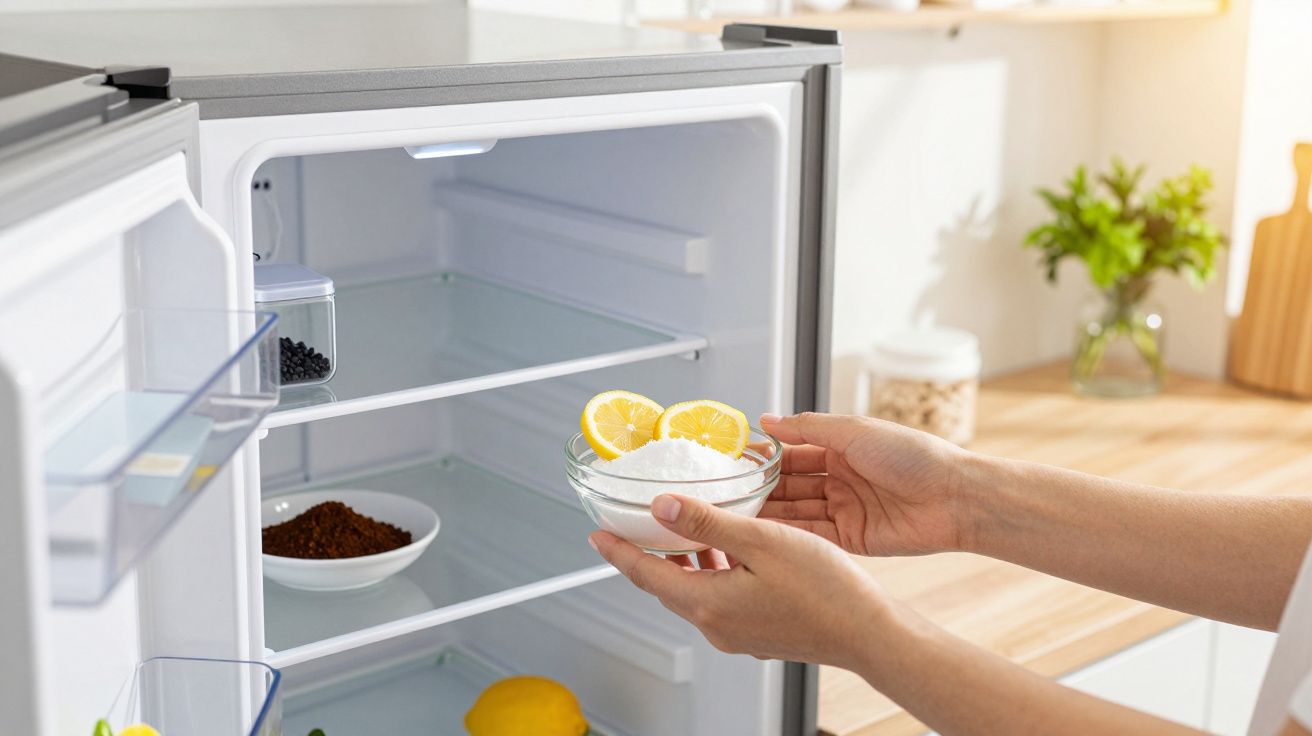 Mãos a colocar taça com sal e rodelas de limão numa prateleira de frigorífico aberto numa cozinha.