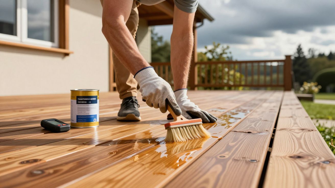 Pessoa a aplicar verniz numa madeira exterior de um terraço com pincel largo e luvas.