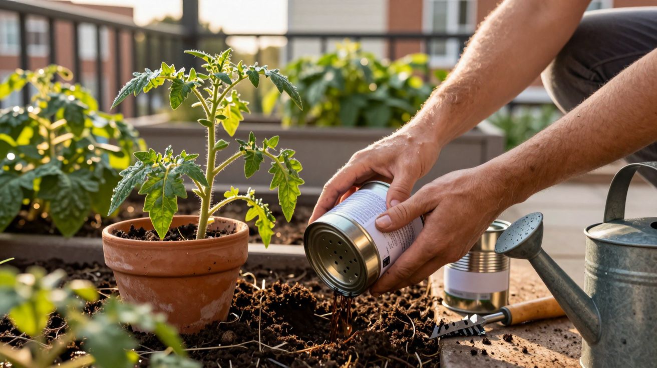 Pessoa a deitar fertilizante no solo de um vaso com planta verde numa varanda ensolarada.