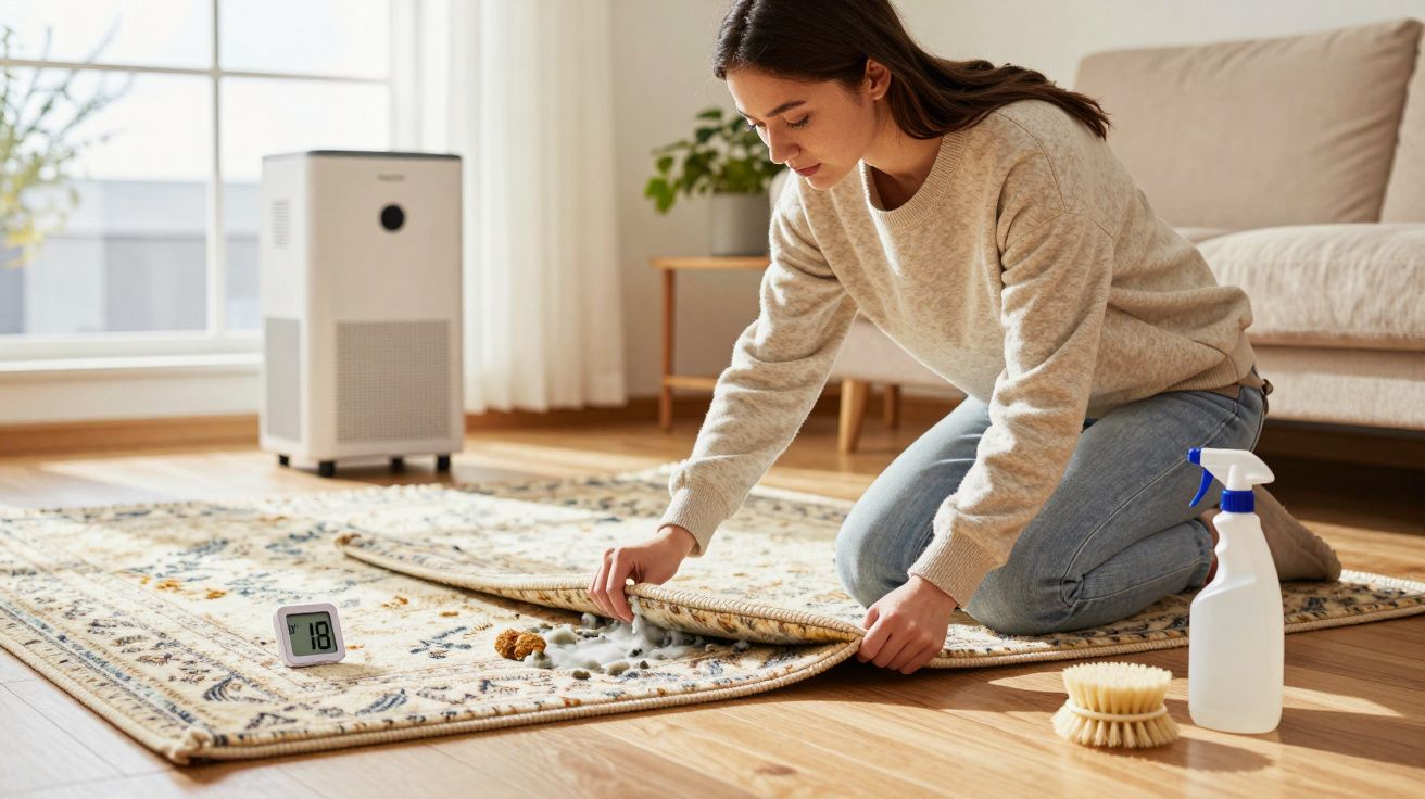 Mulher a limpar tapete com spray e escova numa sala luminosa com chão de madeira e purificador de ar.