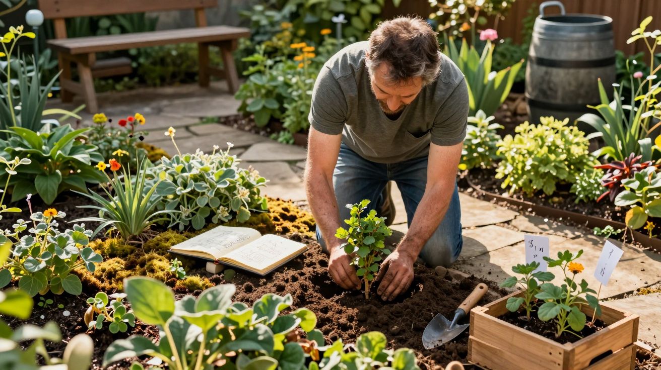 Homem a plantar uma pequena árvore num jardim com várias plantas e livro aberto ao lado.