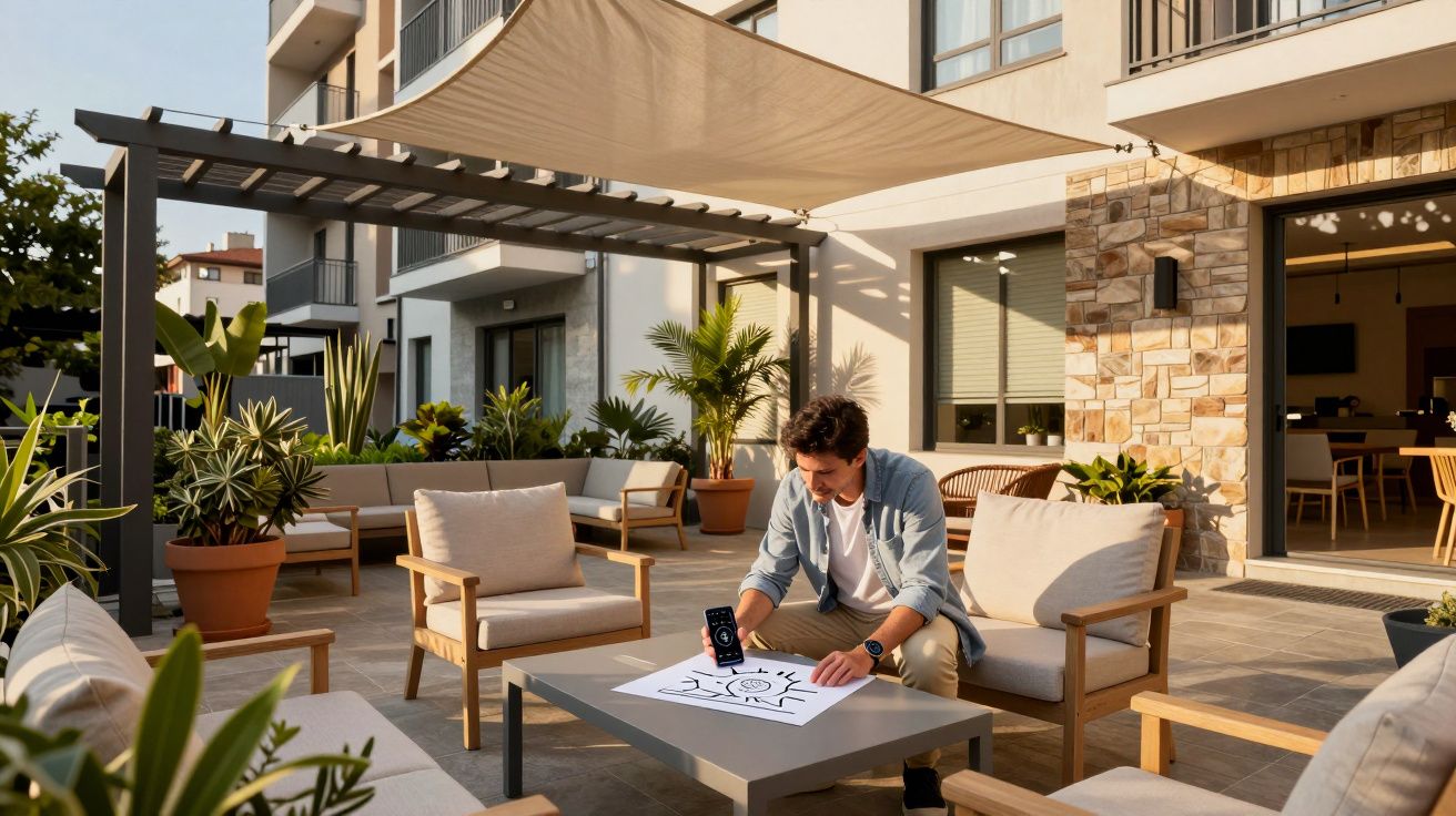 Homem sentado numa esplanada moderna a olhar para um plano num dia ensolarado, rodeado de plantas e móveis de madeira.