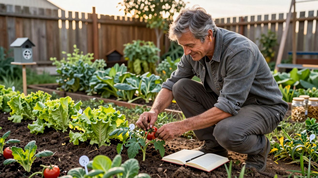 Homem cuida de plantas de tomate num jardim com legumes e vegetais, ao ar livre, com caderno aberto no solo.