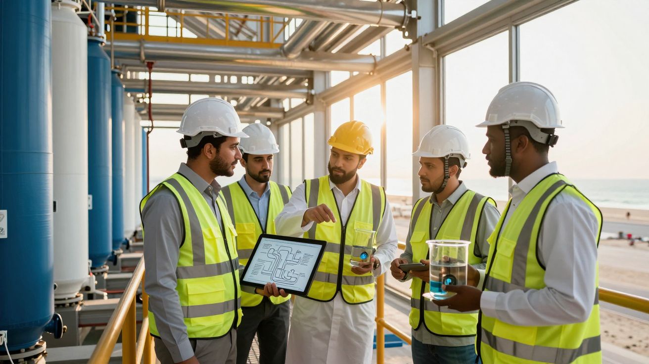 Equipa de engenheiros com capacetes e coletes refletores a discutir projeto numa plataforma industrial junto ao mar.