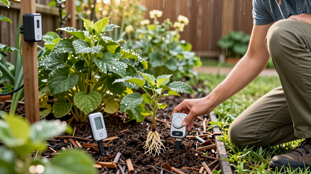 Pessoa a monitorizar planta jovem com dispositivos digitais num jardim húmido após rega.