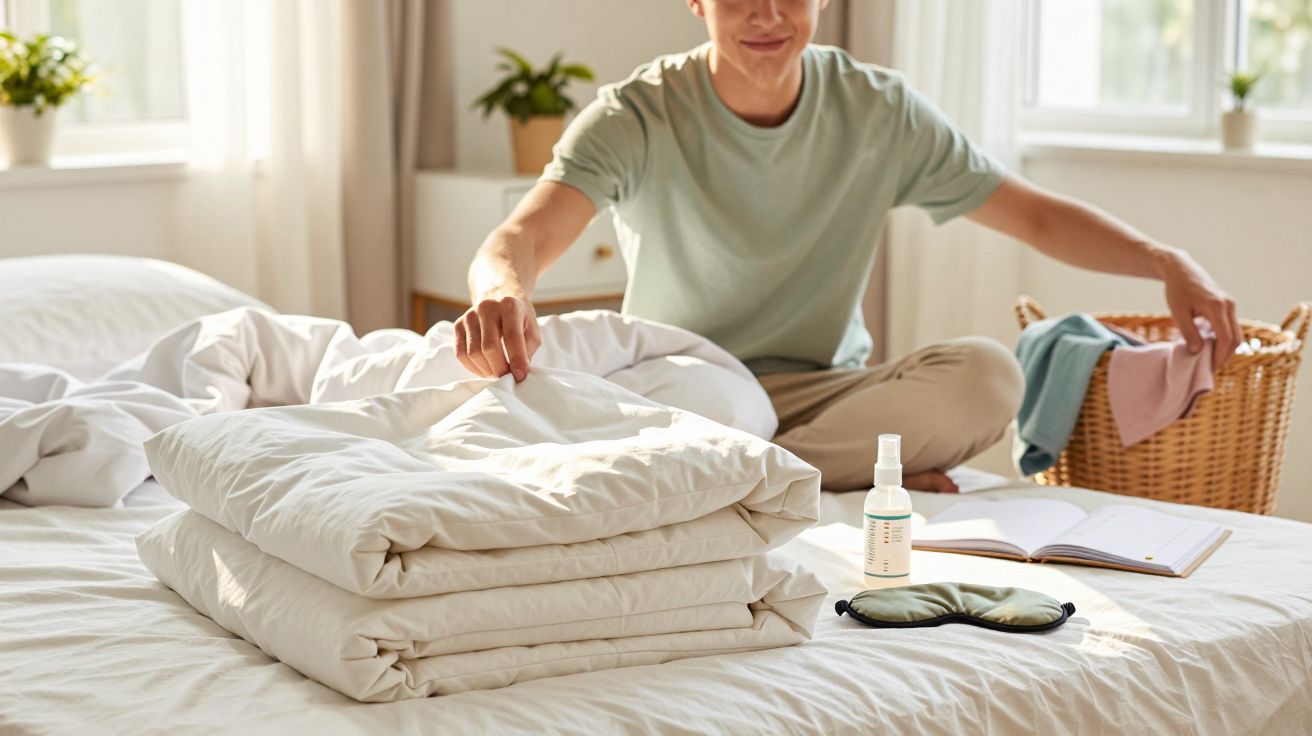 Pessoa a arrumar roupa de cama dobrada numa cama com luz natural, perto de cesto de roupa e plantas.