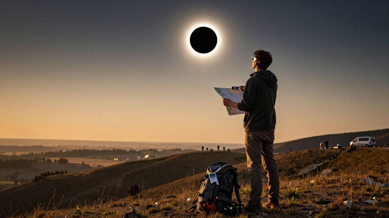 Homem com mochila observa eclipse solar enquanto segura um mapa numa paisagem montanhosa ao pôr do sol.