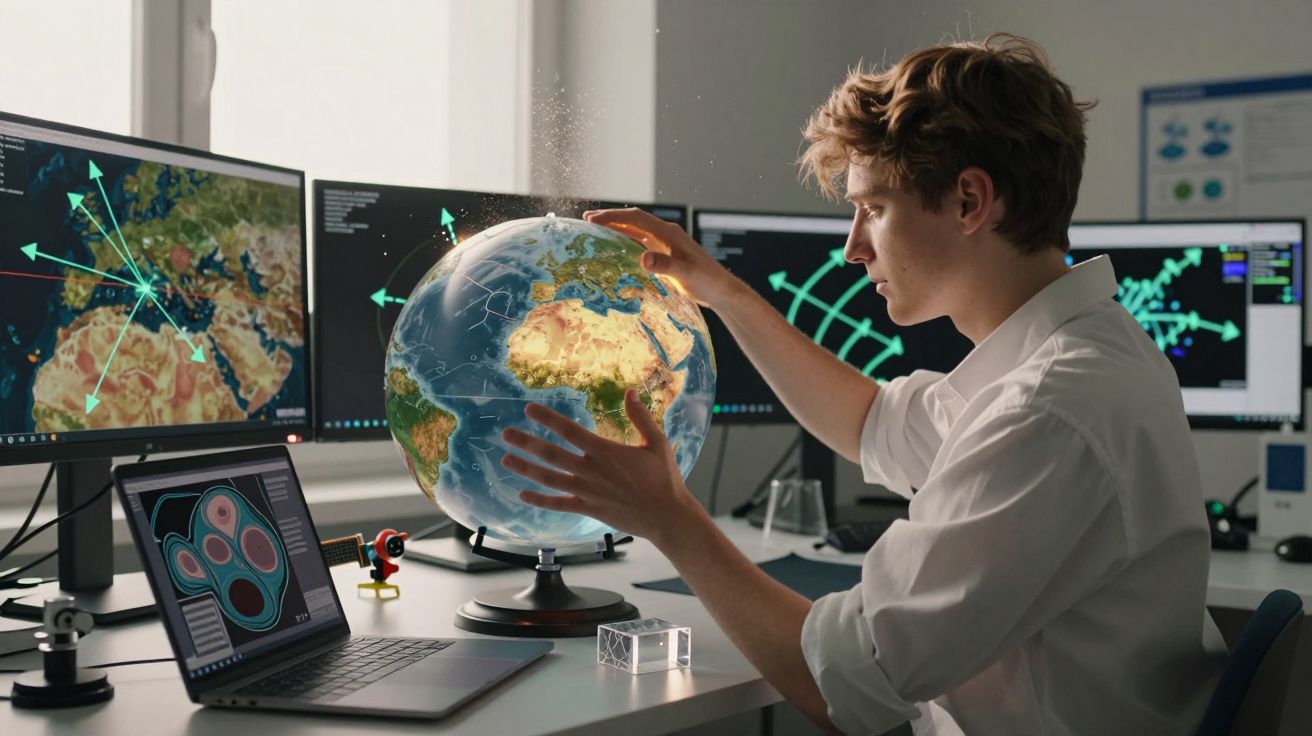 Jovem a analisar globo terrestre e mapas digitais em várias ecrãs num ambiente de trabalho tecnológico.