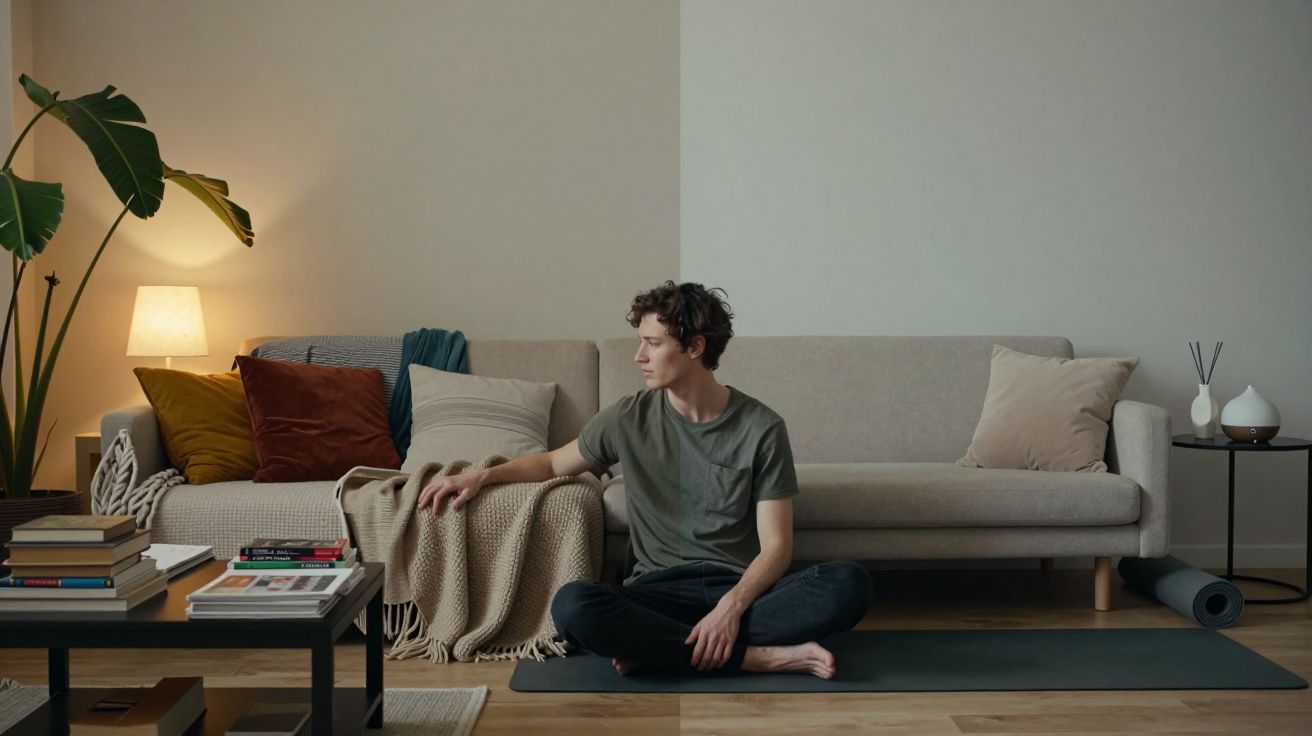 Jovem sentado no tapete de yoga na sala, rodeado de sofá, almofadas, livros e luz suave de candeeiro.