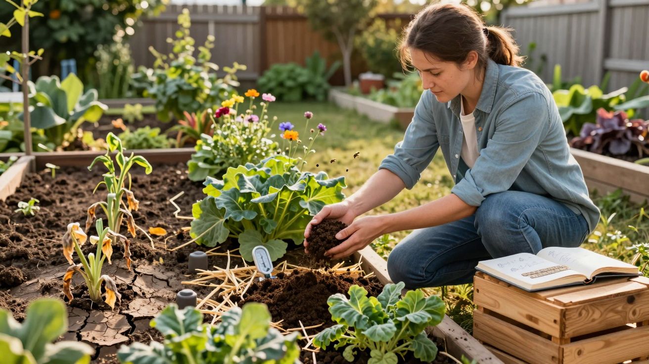 Mulher a cuidar de plantas num jardim organizado em canteiros elevados, com livro aberto ao lado.