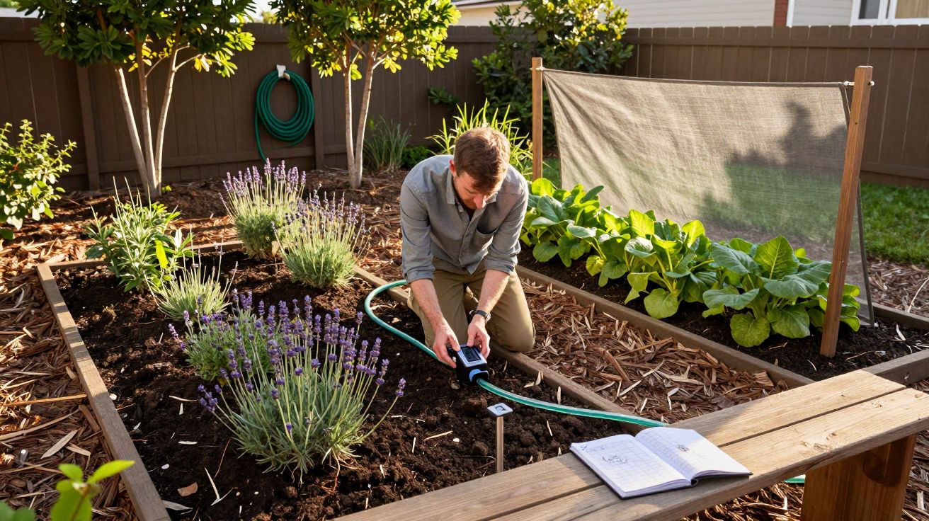 Homem a regar plantas num jardim urbano com lavanda e verdura, com um caderno numa bancada de madeira.