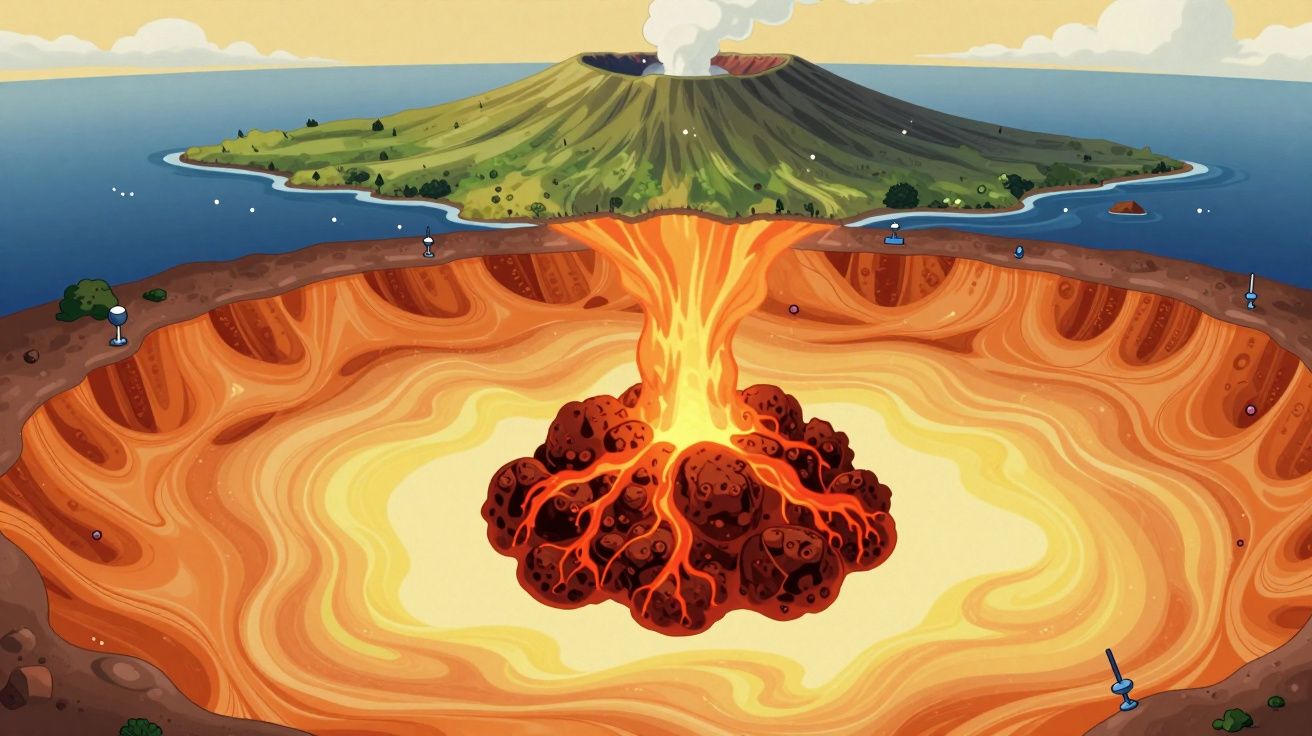 Ilustração de vulcão em erupção com lava a fluir para um grande lago subterrâneo de magma.