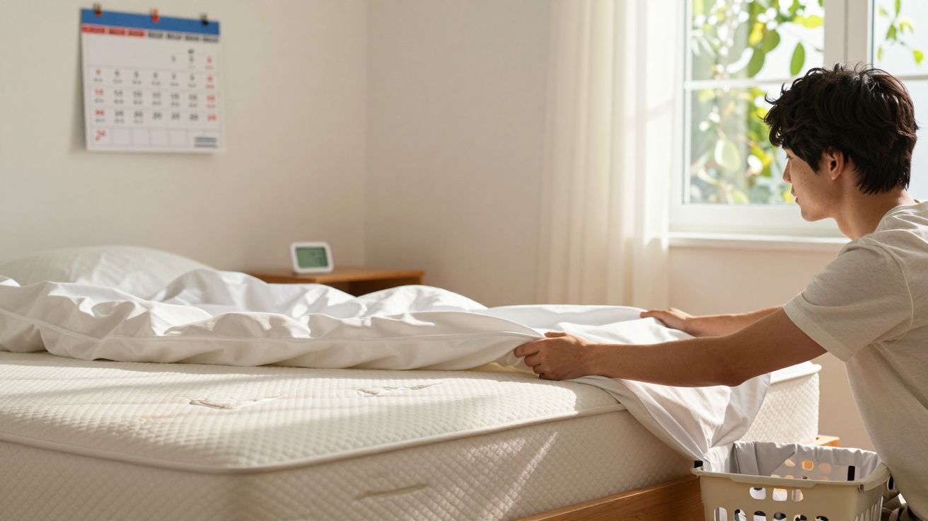 Pessoa a arrumar a cama com lençol branco numa divisão iluminada por janela durante o dia.