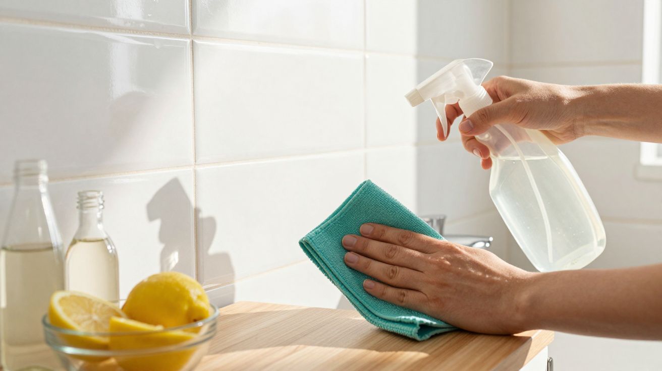Mãos a limpar superfície de madeira com spray e pano azul num ambiente luminoso de cozinha.