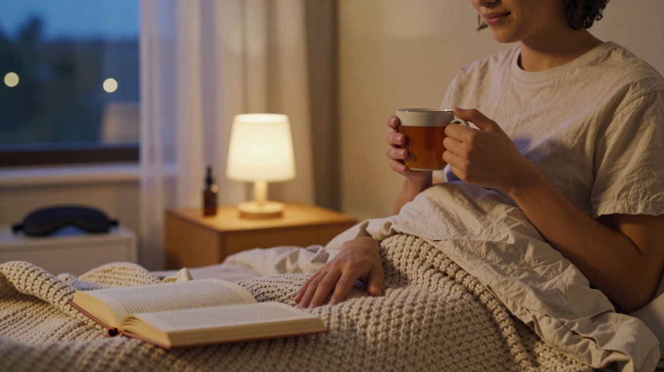 Pessoa a relaxar na cama, a ler um livro e a beber chá numa noite confortável em casa.