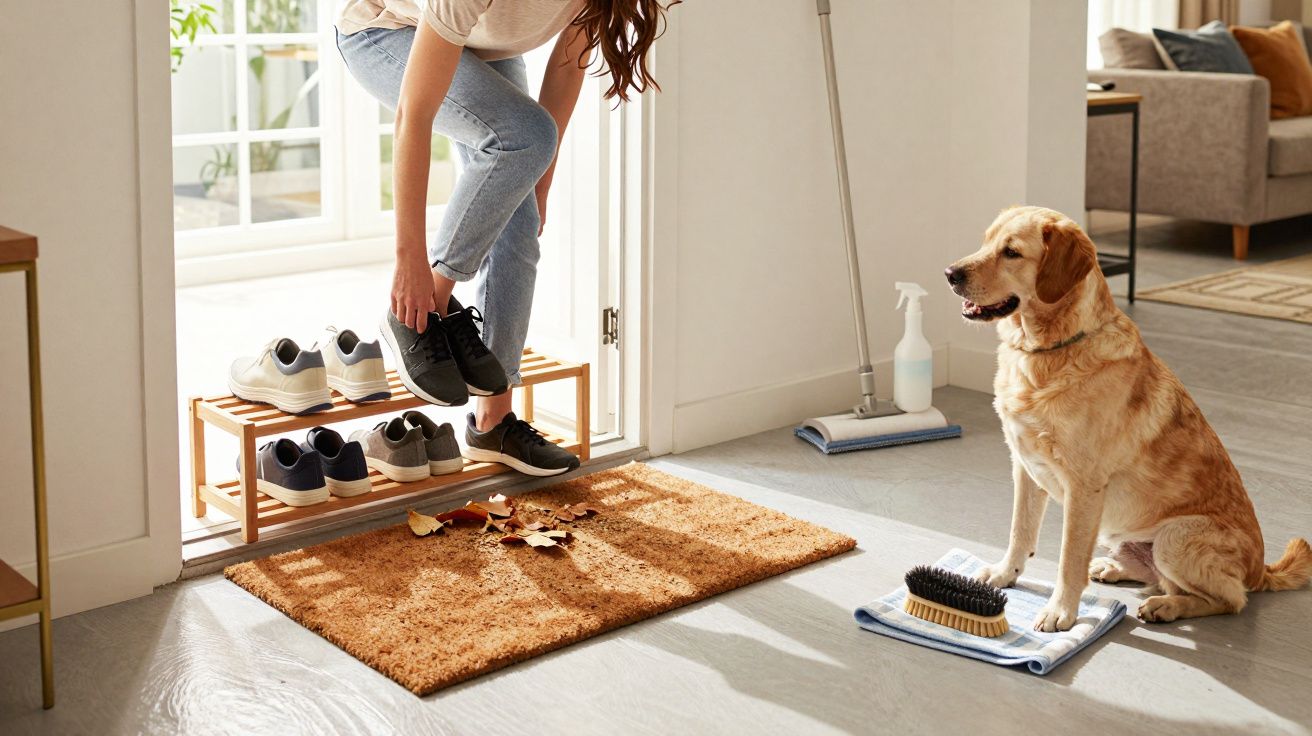 Pessoa a calçar ténis numa entrada com tapete sujo e cão sentado junto a acessórios de limpeza.