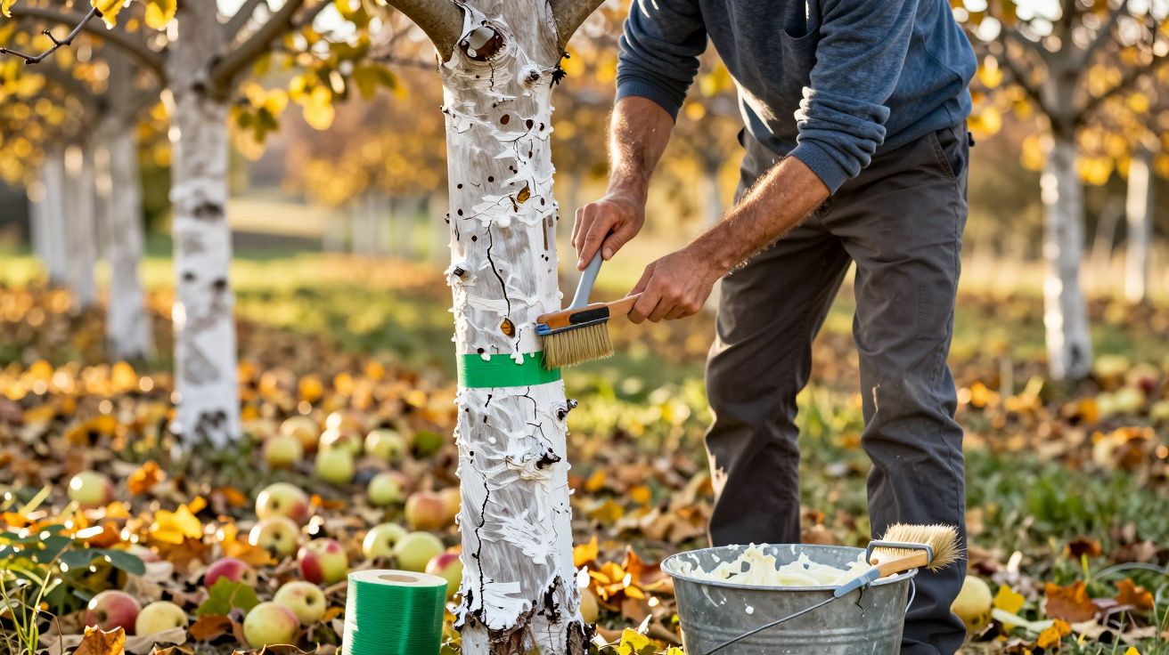 Homem pinta o tronco de uma macieira numa pomar com maçãs caídas e folhas amarelas no chão.