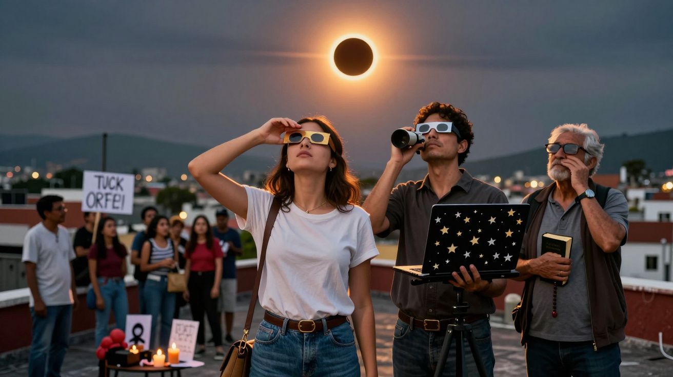 Pessoas a observar um eclipse solar com óculos especiais no telhado durante o pôr do sol.