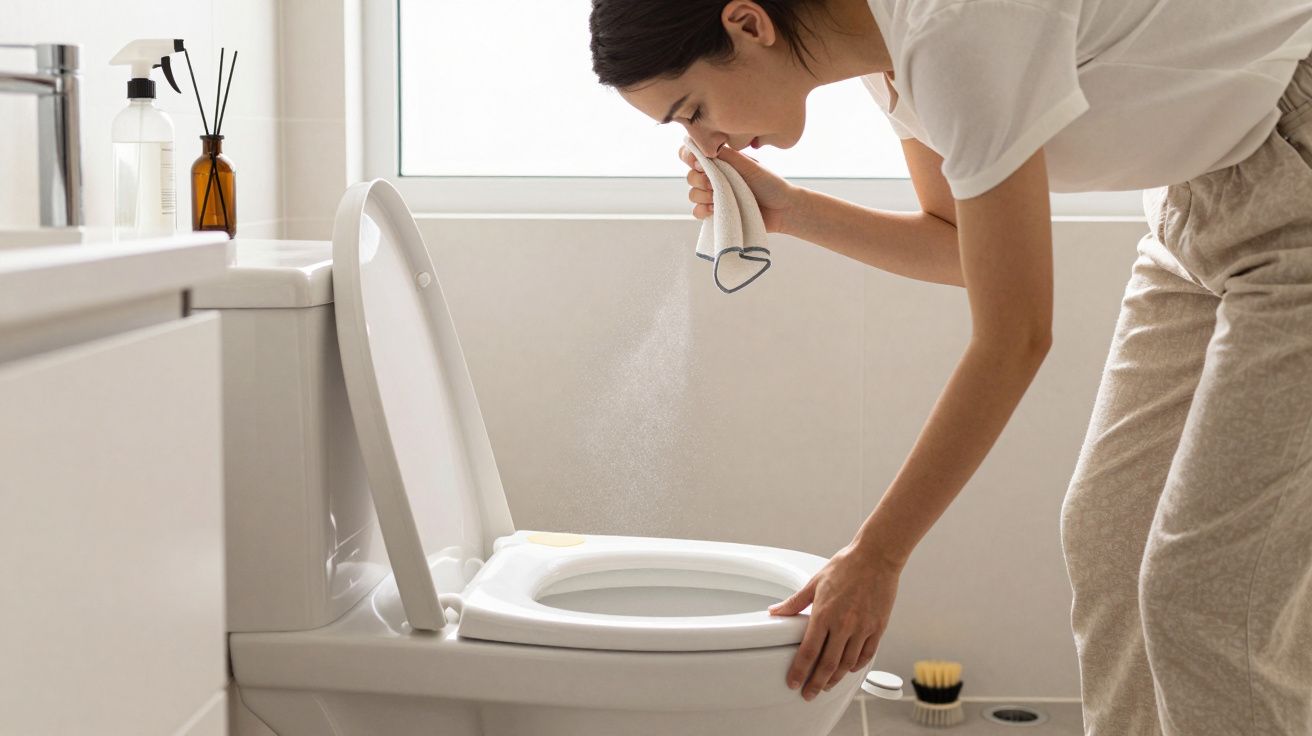 Mulher a limpar e desinfetar uma sanita branca num banheiro moderno bem iluminado.