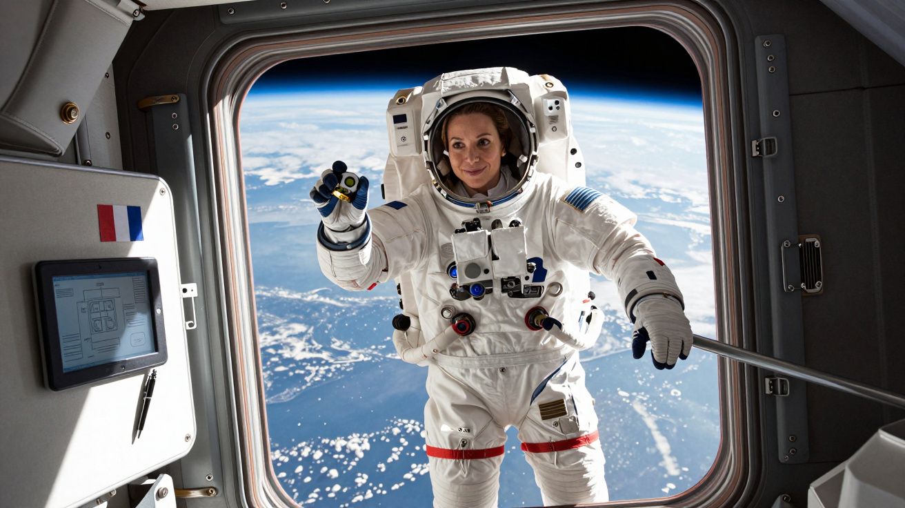 Astronauta em fato espacial a entrar pela janela de uma nave com a Terra visível ao fundo.