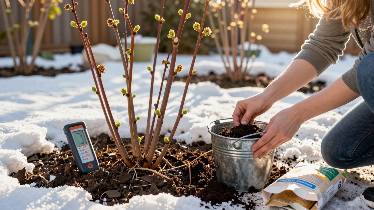 Pessoa a plantar hortaliças na terra entre a neve, com um medidor de humidade junto ao arbusto.
