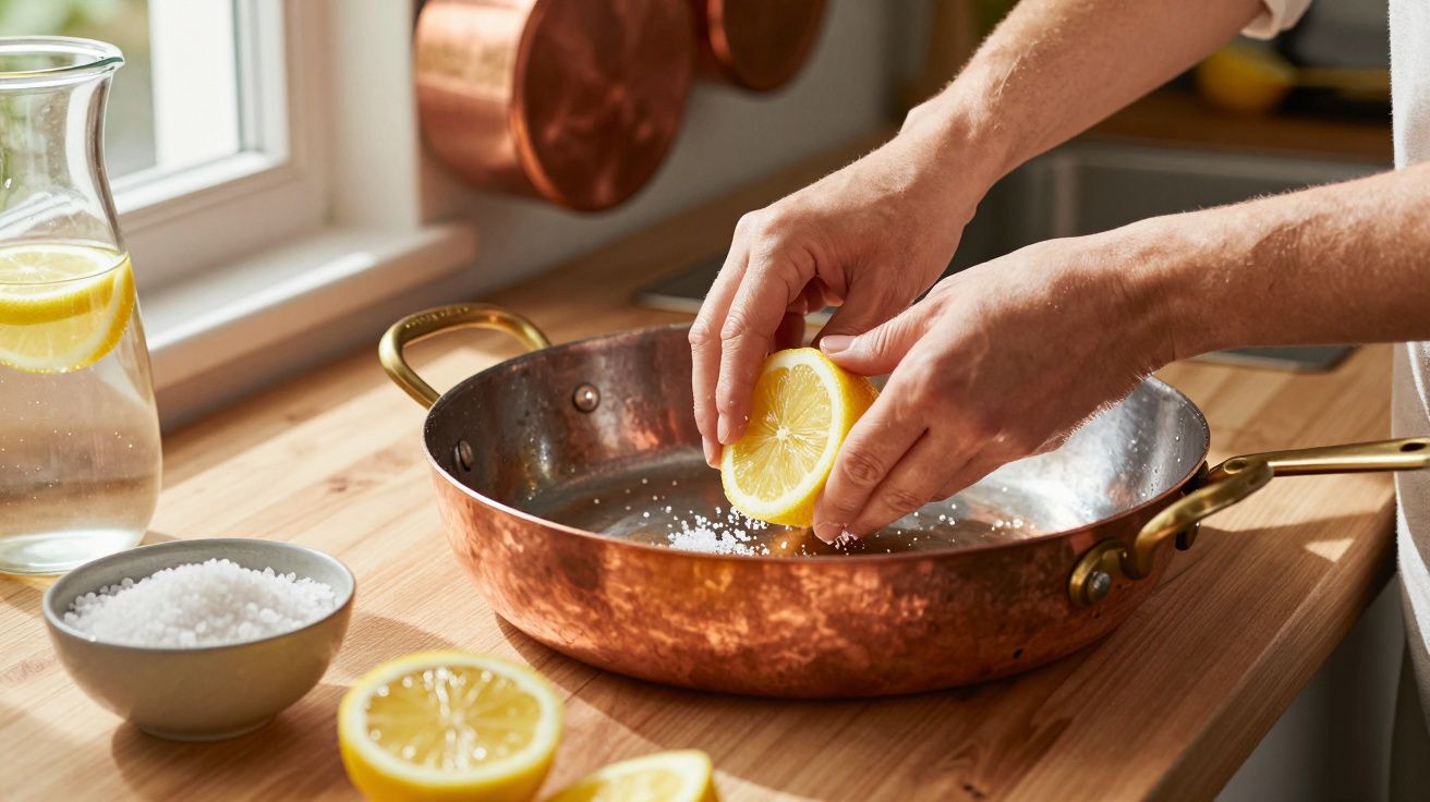 Mãos a espremer limão numa frigideira de cobre, com sal grosso e jarra de água com limão ao lado.
