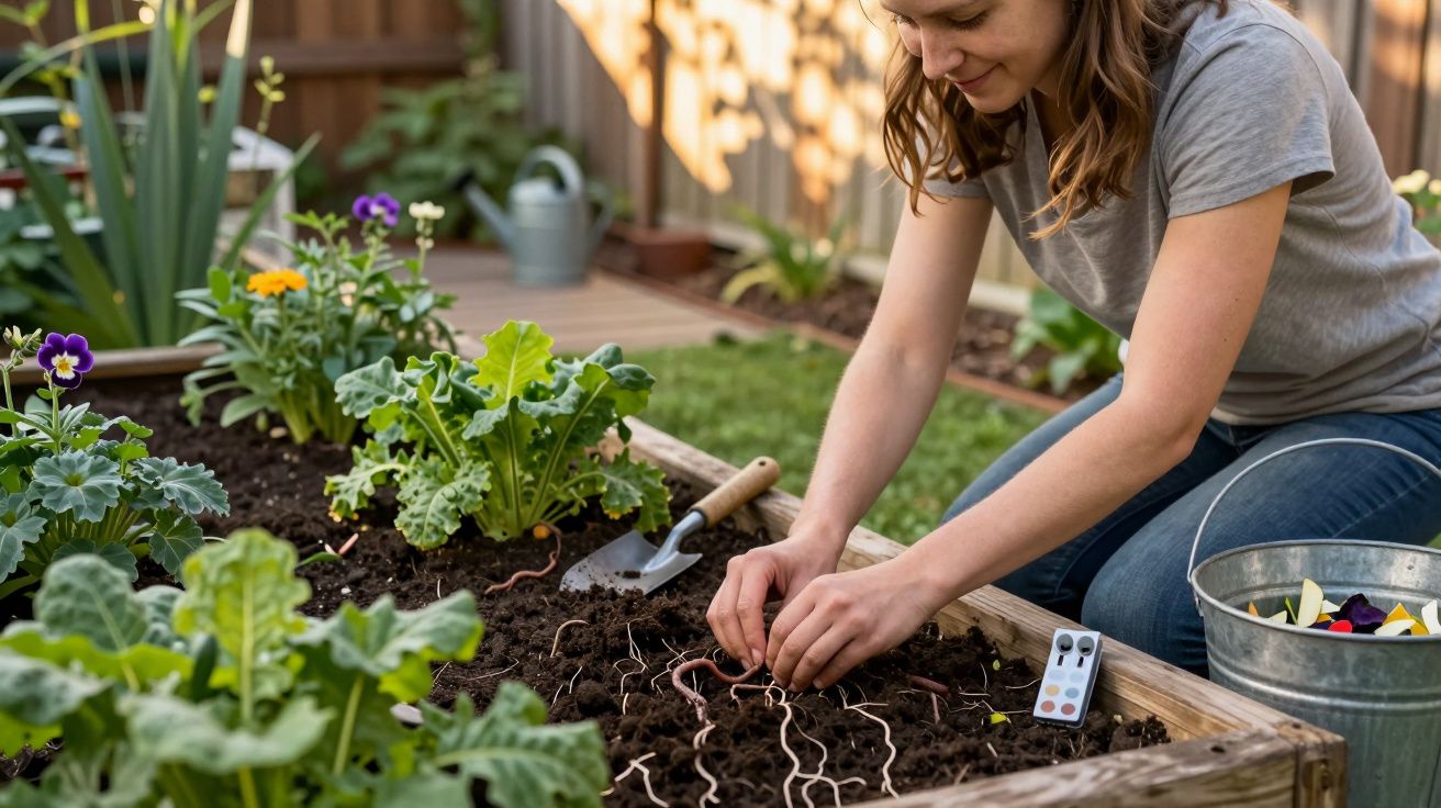 Mulher a plantar sementes num canteiro com terra e plantas em redor num jardim.