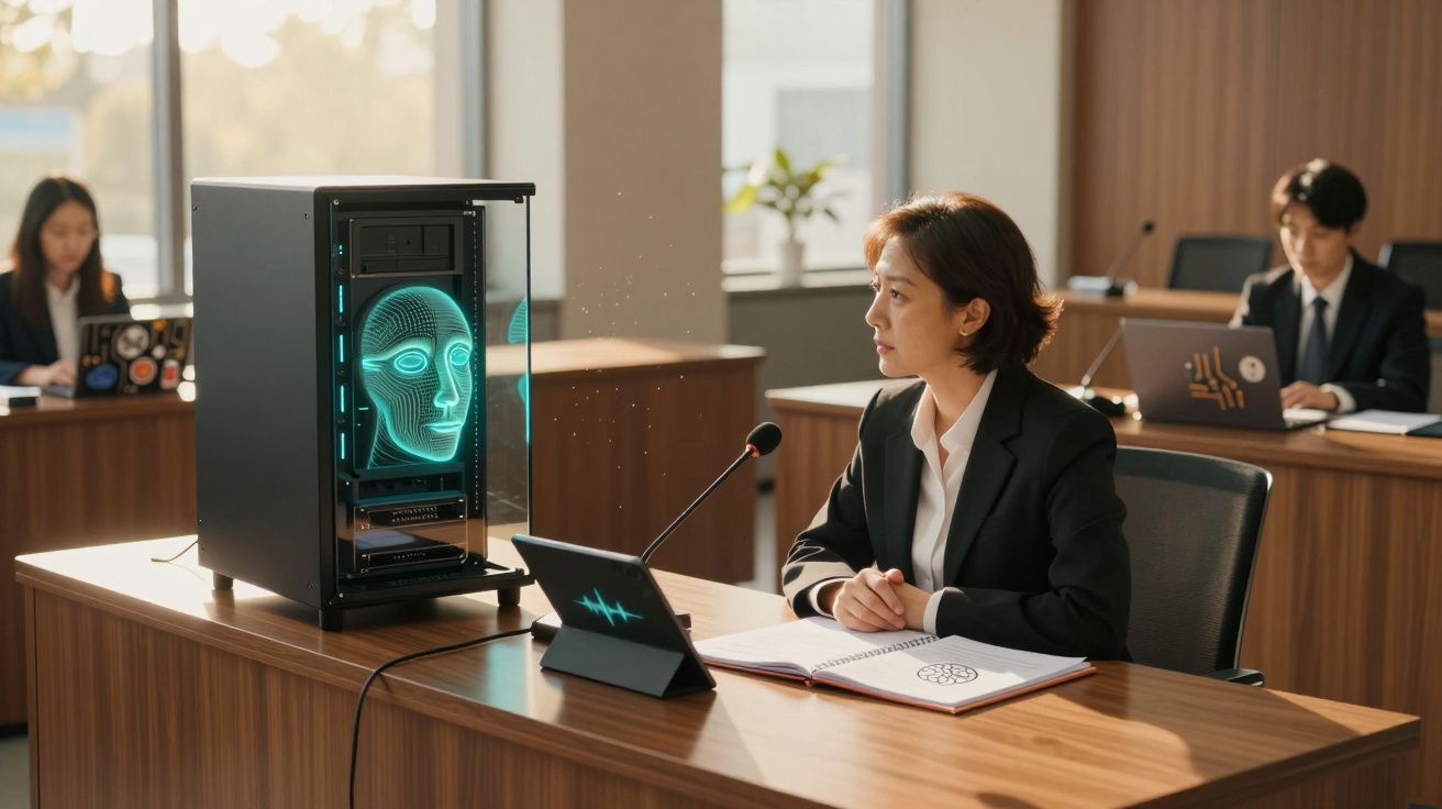 Pessoa numa sala de reuniões a interagir com inteligência artificial holográfica num computador.