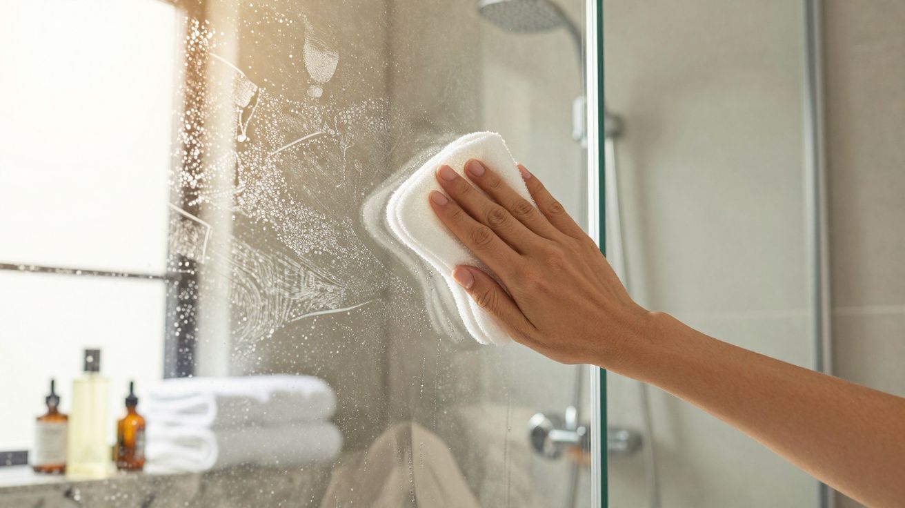 Mão a limpar um vidro de cabine de duche com uma esponja branca, com toalhas e produtos no fundo.