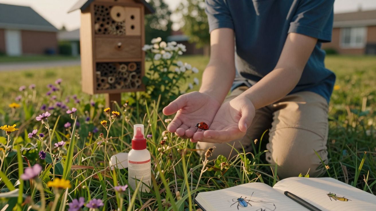 Criança ajoelhada em campo com joaninha nas mãos, perto de insectário, flores, livro e spray.