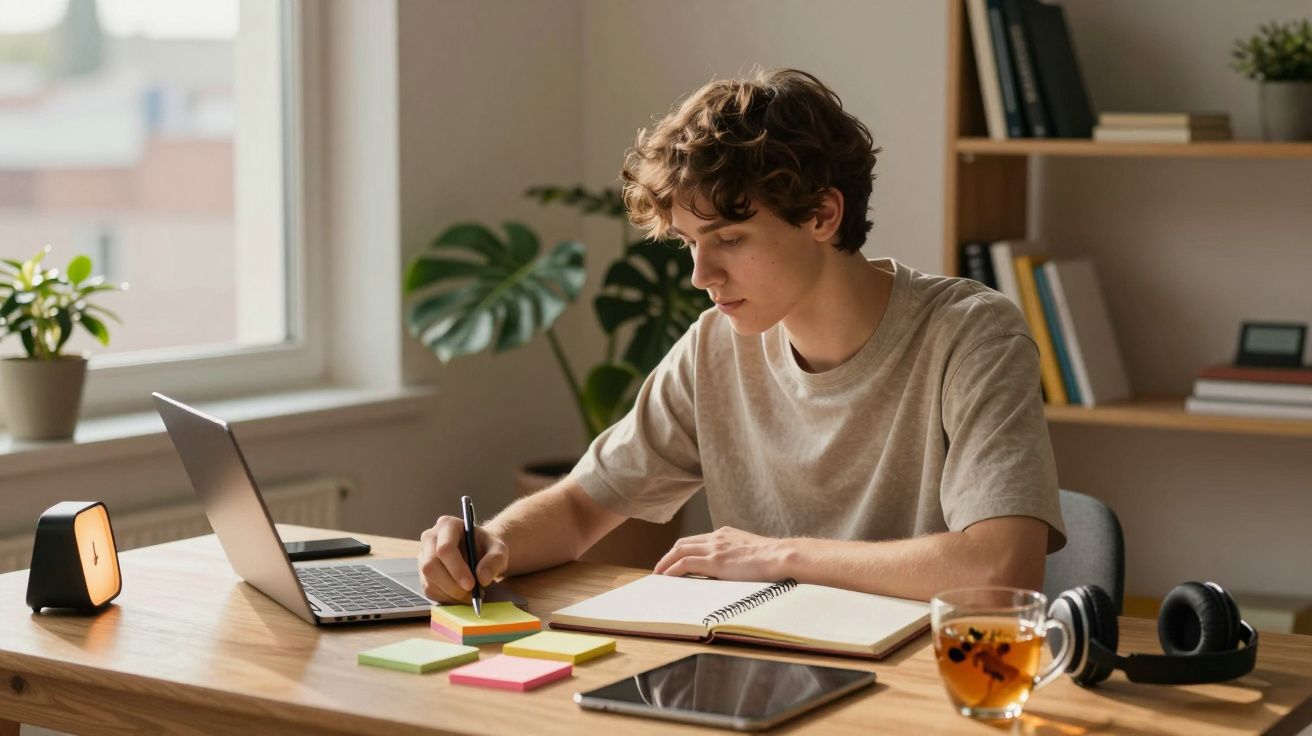 Jovem a estudar num escritório, sentado a uma secretária com laptop, cadernos, post-its e chá.