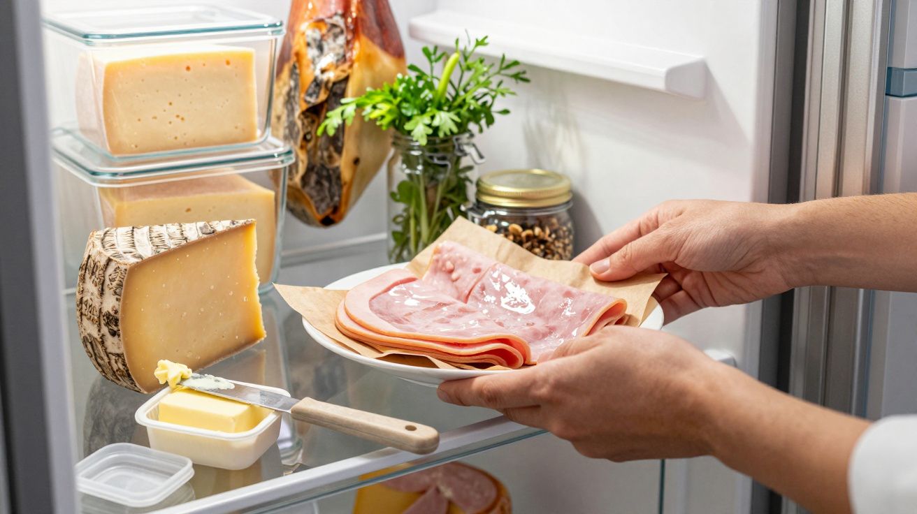 Mãos a colocar fatias de fiambre num prato na prateleira do frigorífico com queijo e manteiga.