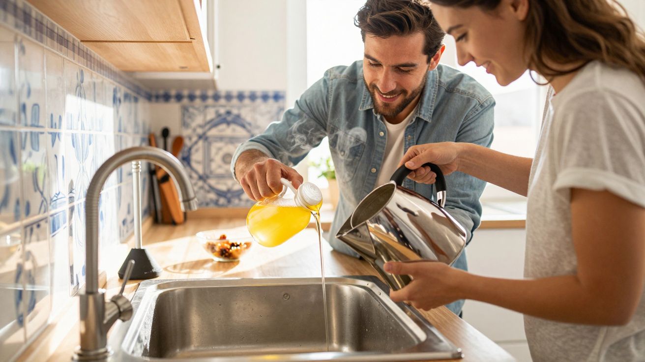 Casal jovem na cozinha a deitar líquidos no lava-louça, sorrindo e interagindo juntos.