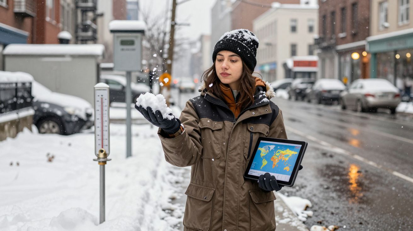 Mulher com roupa de inverno segura neve na mão e tablet com mapa do clima numa rua nevada.