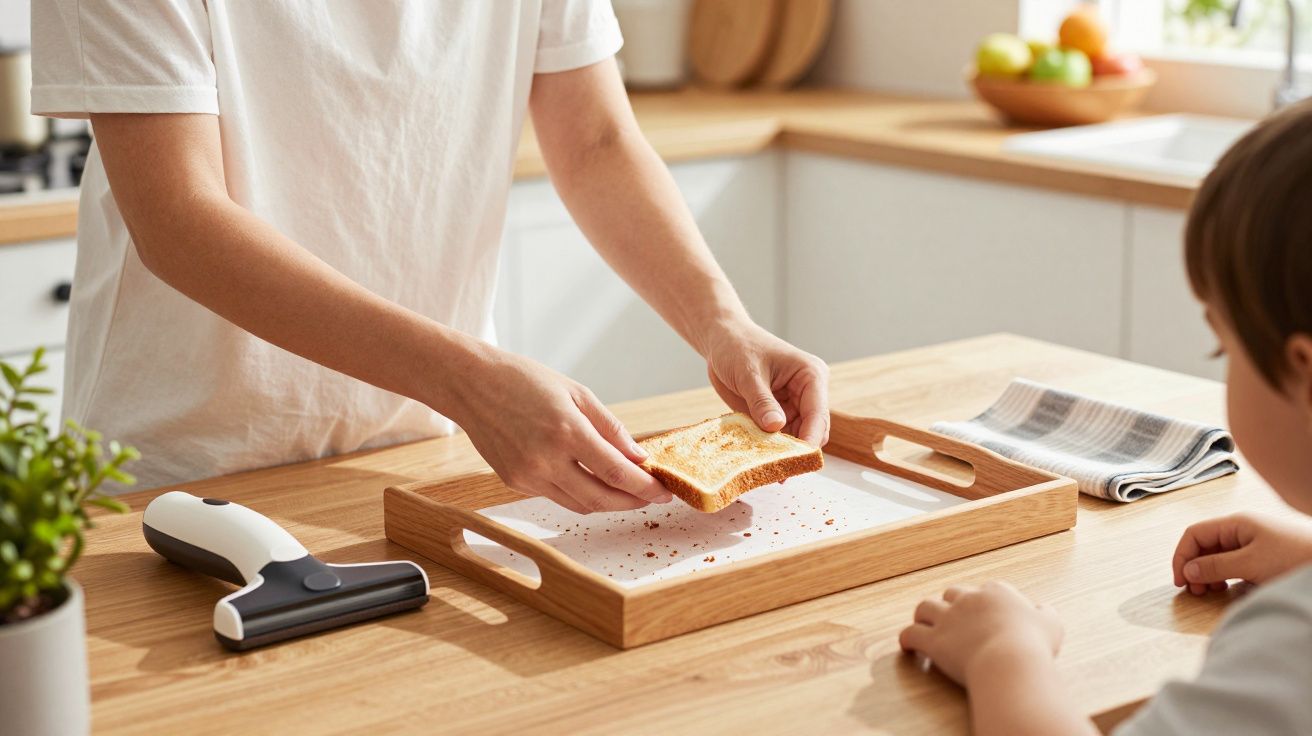 Pessoa a servir fatia de pão torrado numa cozinha moderna para uma criança sentada.