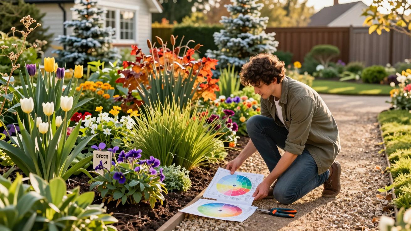 Pessoa jovem a planear um jardim colorido com flores diversas, segurando esquemas de combinação de cores.