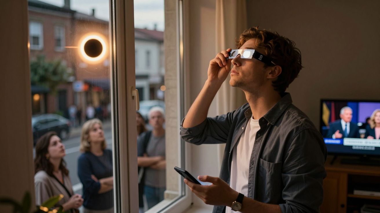 Homem dentro de casa a observar eclipse solar com óculos de proteção enquanto segurando telemóvel.