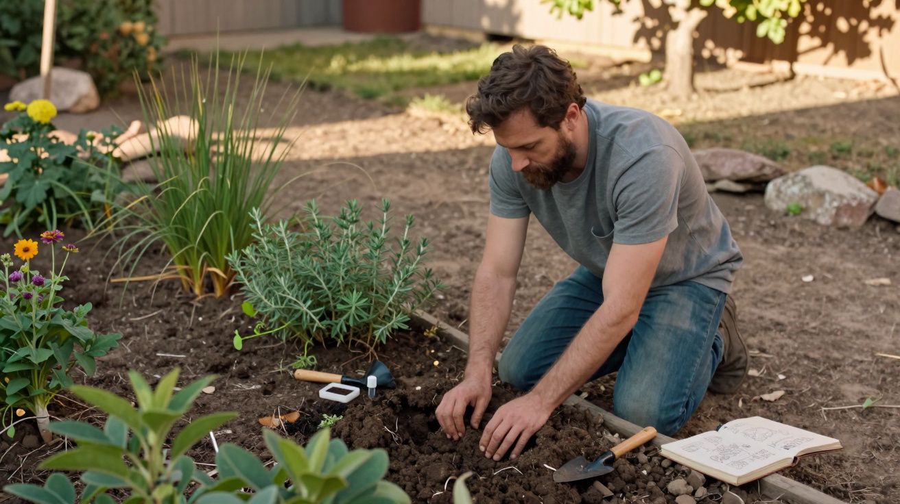 Homem a cultivar plantas num jardim com várias flores e um caderno aberto ao seu lado.