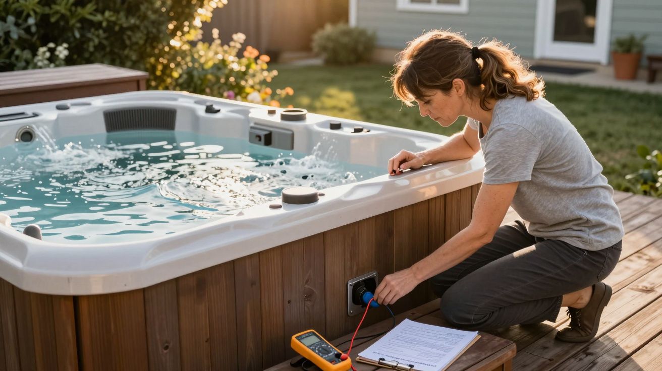 Mulher a testar eletricidade de banheira de hidromassagem numa varanda exterior ensolarada.