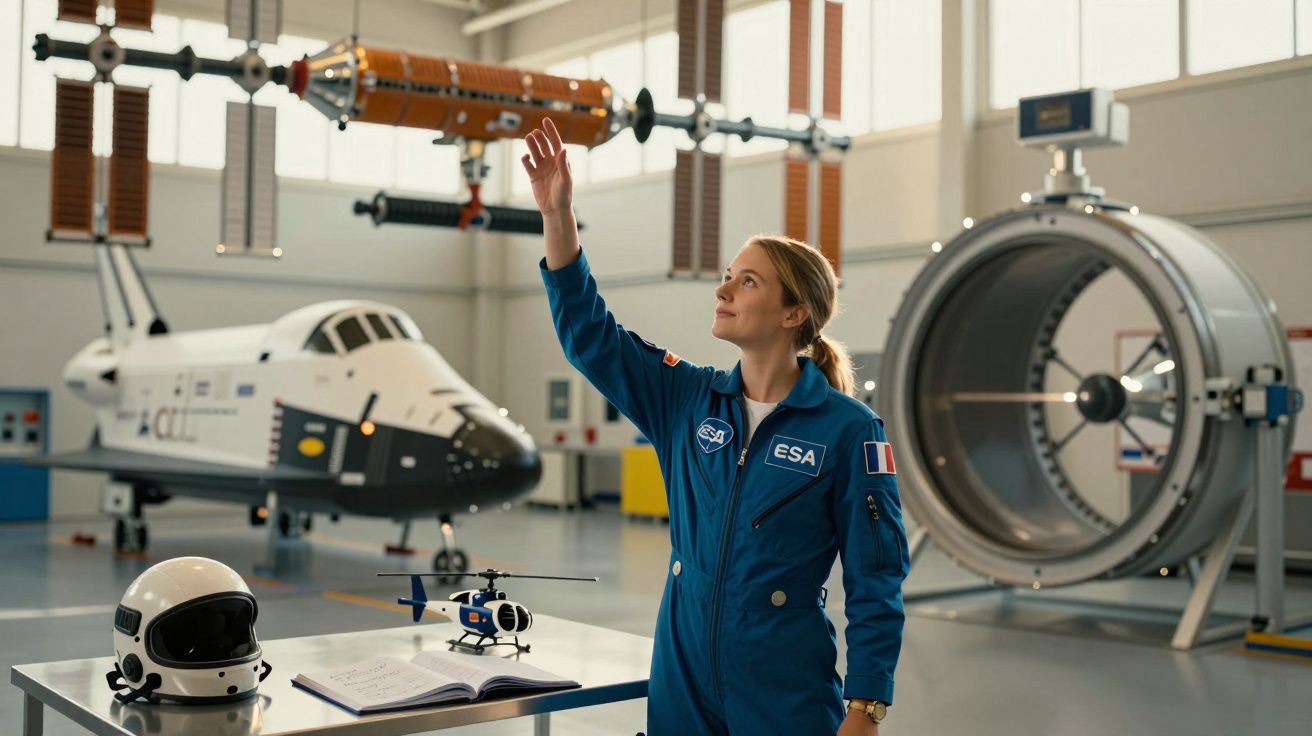 Astronauta com fato ESA num laboratório espacial com modelos de nave e capacete sobre mesa.