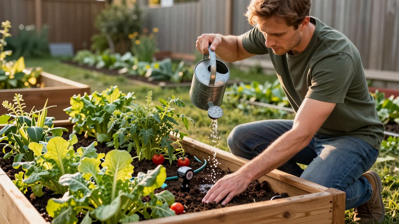 Homem a regar tomateiros e alfaces numa horta elevada em jardim doméstico.