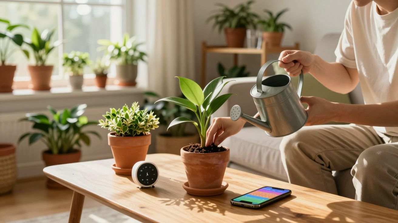 Pessoa a regar planta numa sala com várias plantas, telemóvel e relógio numa mesa de madeira.